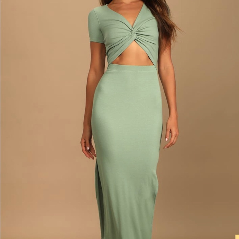 Lulu twist front cut out ribbed sage green dress